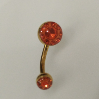 Бананы 1,6*10*5/8 мм с двумя красными стразами мульти-кристалл из хир. стали 316L gold