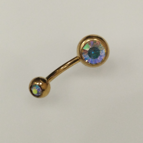 Бананы 1,6*10*5/8 мм с двумя переливающимися стразами из хир. стали 316L gold