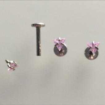 Лабретты 1.2*8*3 мм для пирсинга с треугольным розовым кристаллом из хирургической стали 316L внутренняя резьба