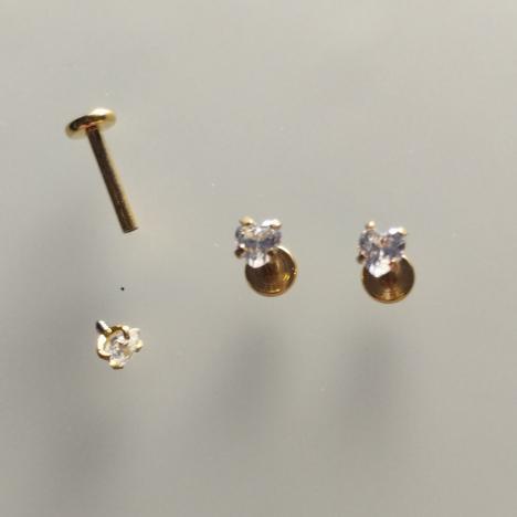 Лабретты 1.2x8x3 мм с кристаллом «сердечко» из хирургической стали 316L gold внутренняя резьба