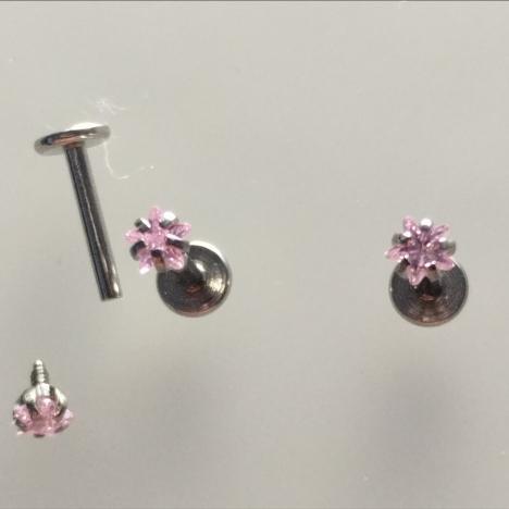 Лабретты 1.2x8x3 мм для пирсинга с розовым кристаллом «star» из хирургической стали 316L внутренняя резьба
