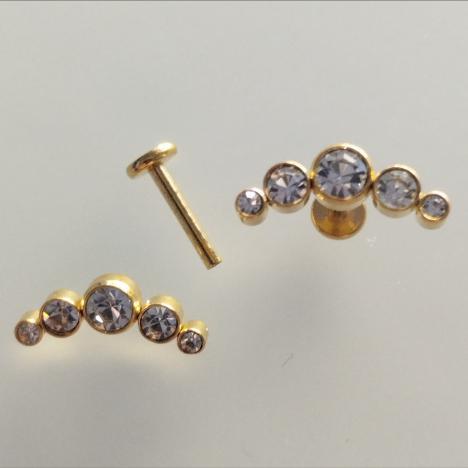 Лабретты 1.2*8 мм для пирсинга из хир. стали 316L gold с внутренней резьбой 5 стразов